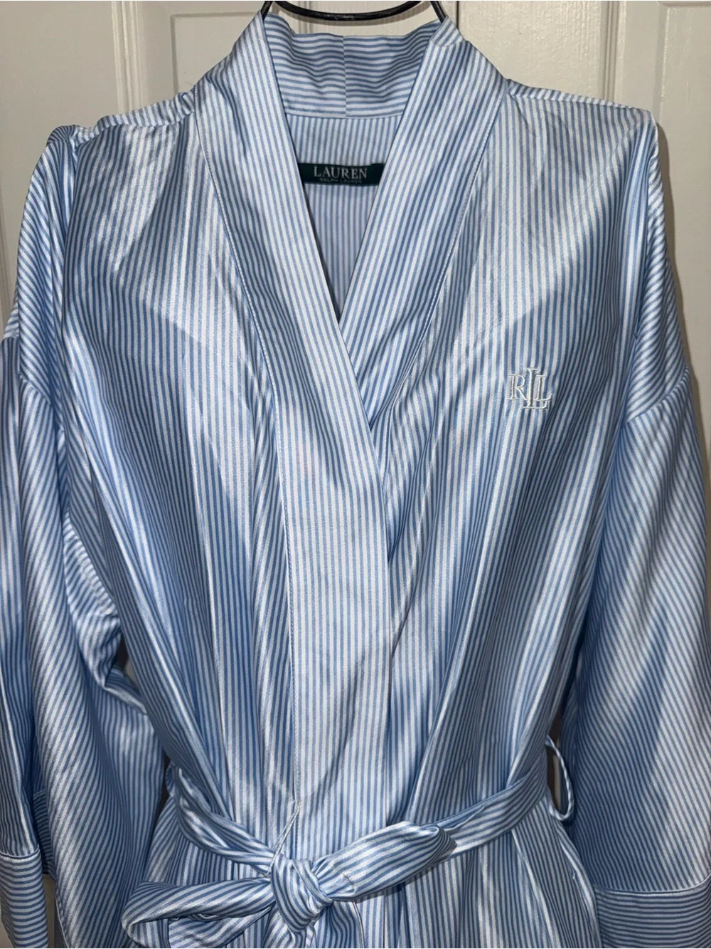 NWT- Ralph Lauren blue striped paisley trim belted robe. Small.